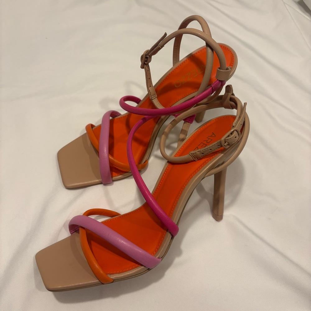 Arezzo Strappy Colorblock Cris Pink Orange + Nude Stiletto Heels